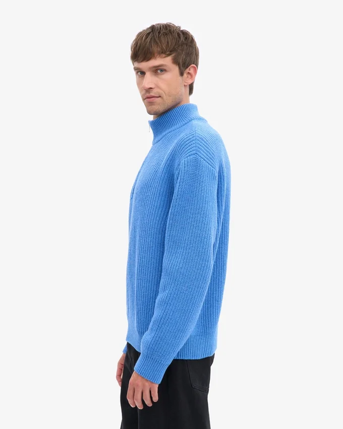 Pull col zippé en laine mérinos - Bleu Pacifique