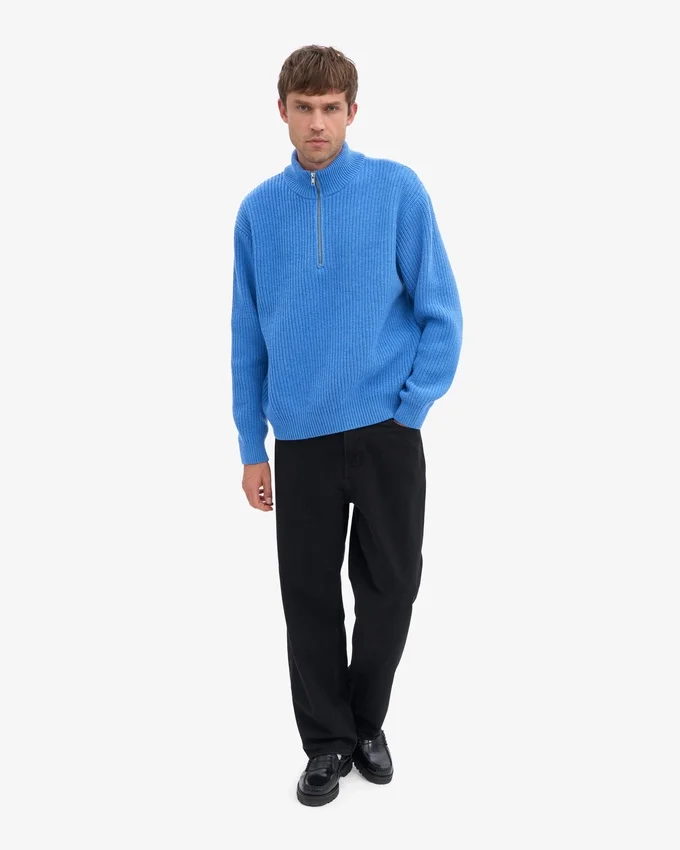 Pull col zippé en laine mérinos - Bleu Pacifique