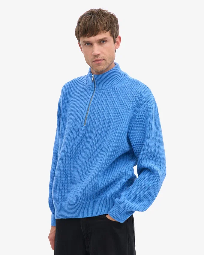 Pull col zippé en laine mérinos - Bleu Pacifique