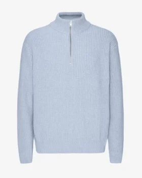 Pull col zippé en laine mérinos - Bleu polaire