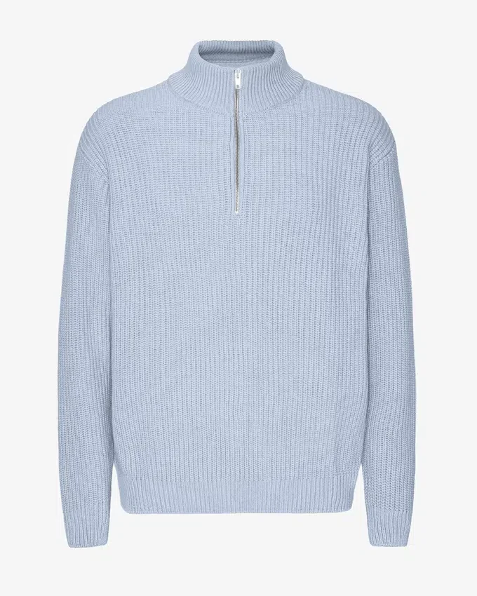 Pull col zippé en laine mérinos - Bleu polaire