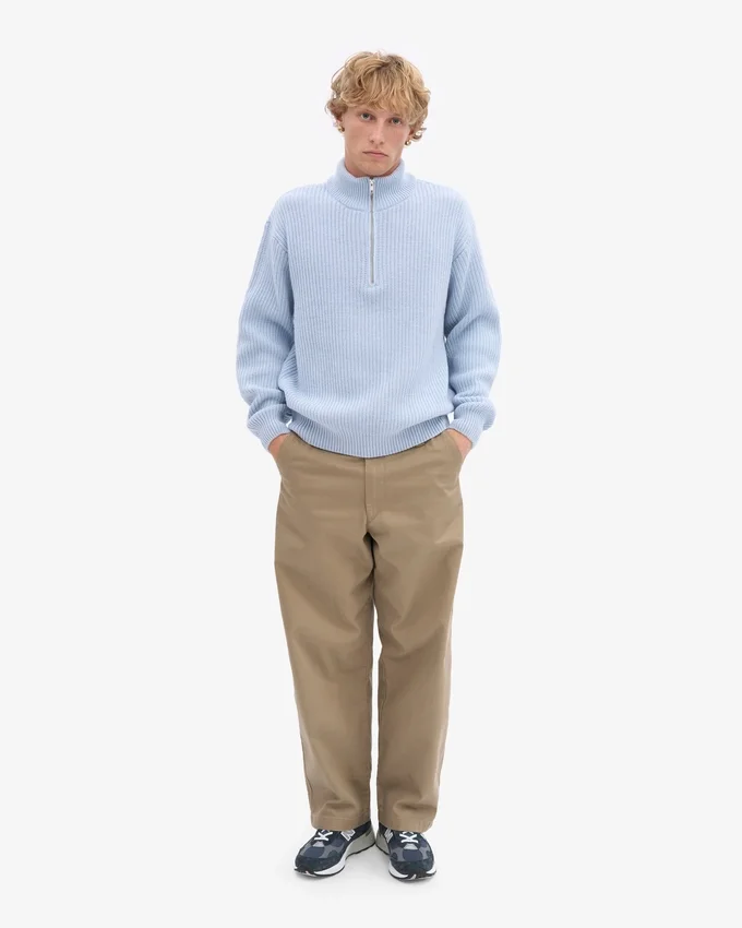 Pull col zippé en laine mérinos - Bleu polaire