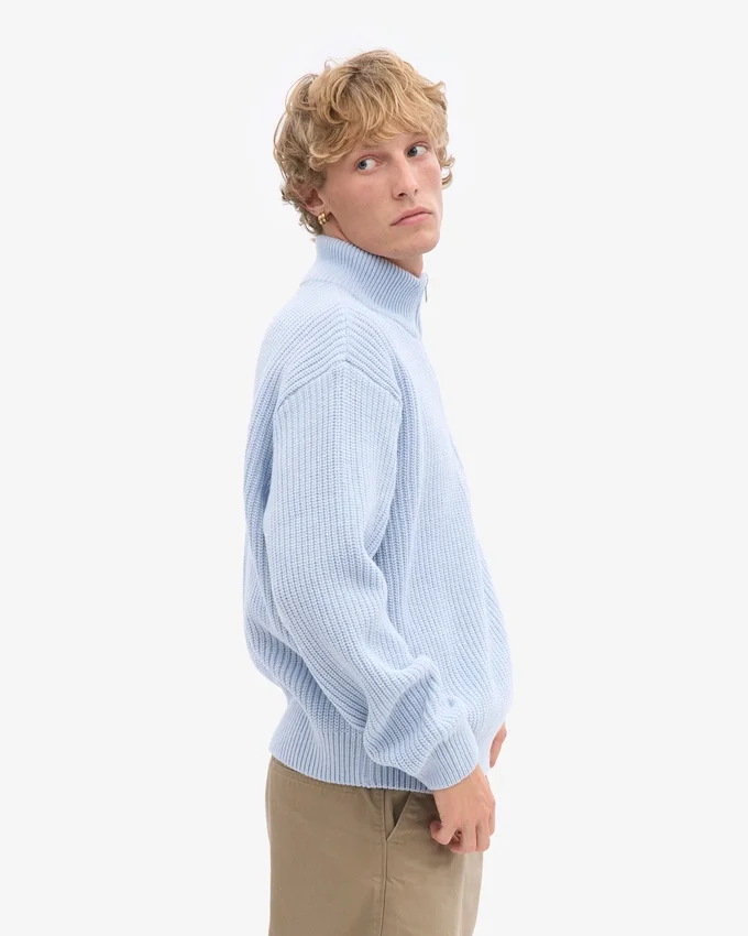 Pull col zippé en laine mérinos - Bleu polaire