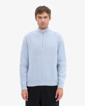 Pull col zippé en laine mérinos – Bleu polaire