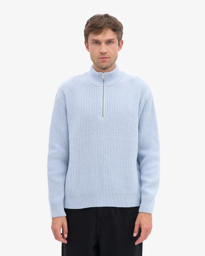 Pull col zippé en laine mérinos - Bleu polaire