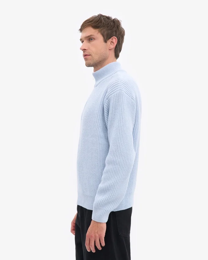 Pull col zippé en laine mérinos - Bleu polaire