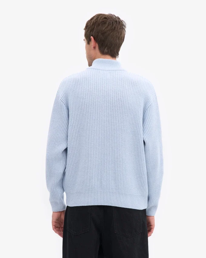 Pull col zippé en laine mérinos - Bleu polaire