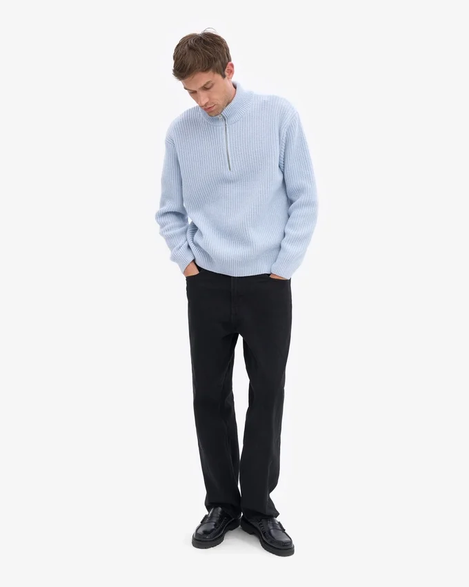 Pull col zippé en laine mérinos - Bleu polaire