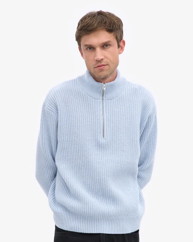 Pull col zippé en laine mérinos - Bleu polaire