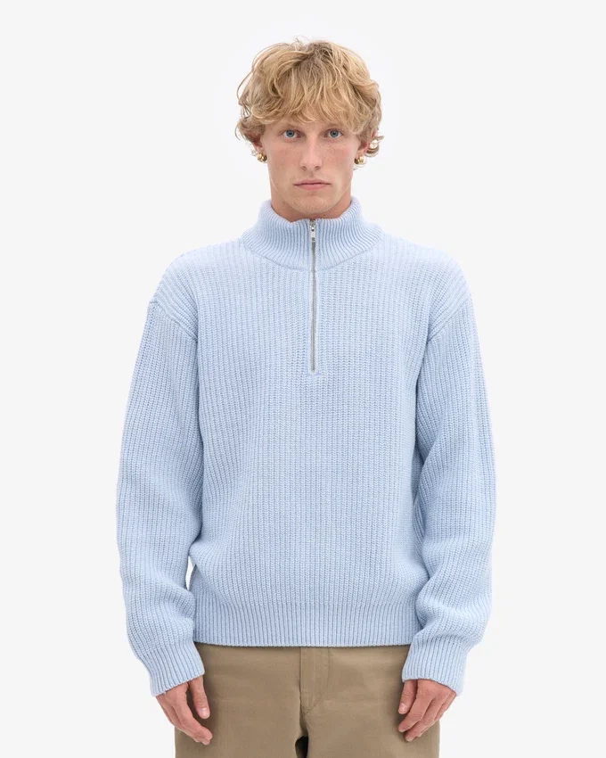 Pull col zippé en laine mérinos - Bleu polaire