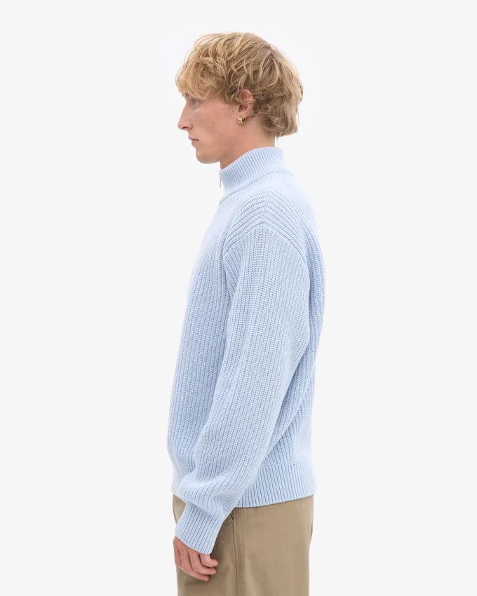 Pull col zippé en laine mérinos - Bleu polaire