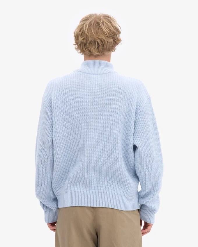 Pull col zippé en laine mérinos - Bleu polaire