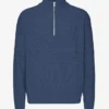 Pull col zippé en laine mérinos - Bleu pétrole