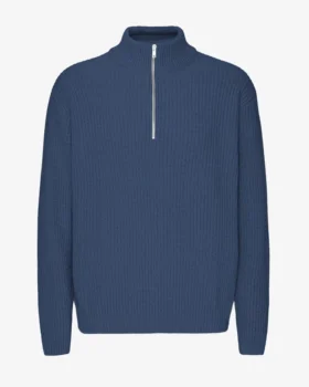 Pull col zippé en laine mérinos - Bleu pétrole