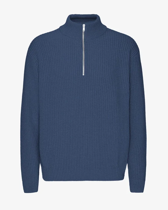 Pull col zippé en laine mérinos - Bleu pétrole
