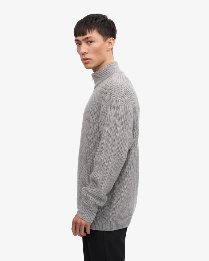 Pull col zippé en laine mérinos - Gris chiné