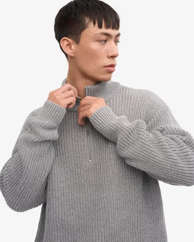 Pull col zippé en laine mérinos - Gris chiné