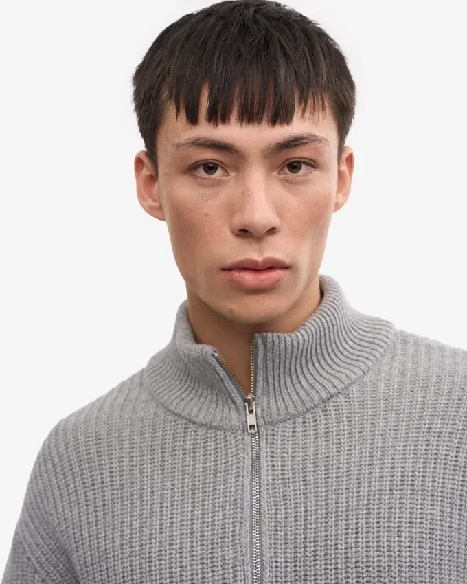 Pull col zippé en laine mérinos - Gris chiné