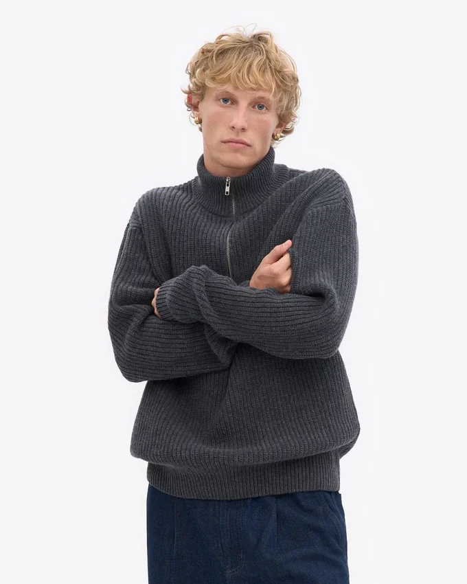 Pull col zippé en laine mérinos - Gris lave