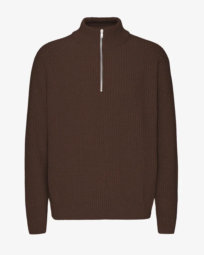 Pull col zippé en laine mérinos - Marron café