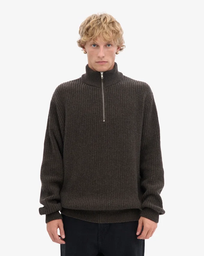 Pull col zippé en laine mérinos - Marron café