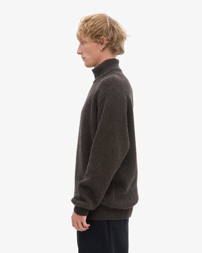 Pull col zippé en laine mérinos - Marron café