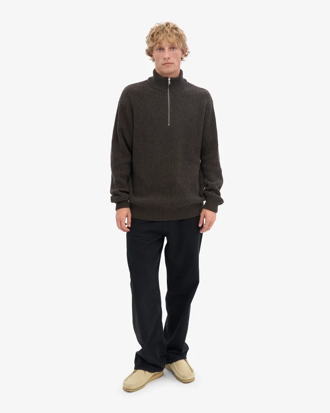 Pull col zippé en laine mérinos - Marron café