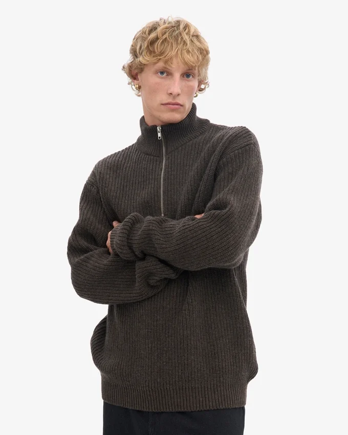Pull col zippé en laine mérinos - Marron café