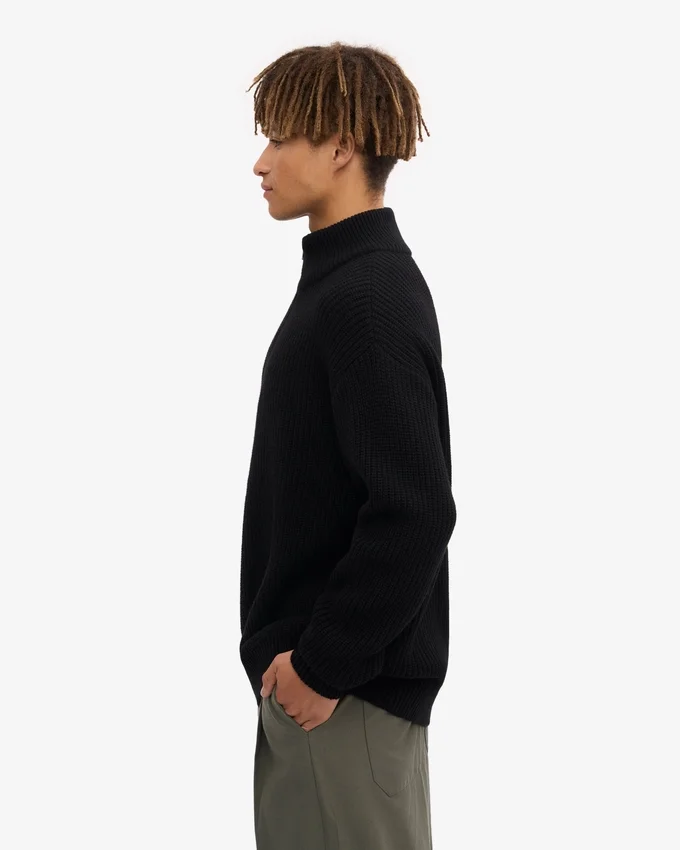 Pull col zippé en laine mérinos - Noir intense