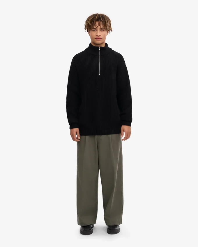 Pull col zippé en laine mérinos - Noir intense