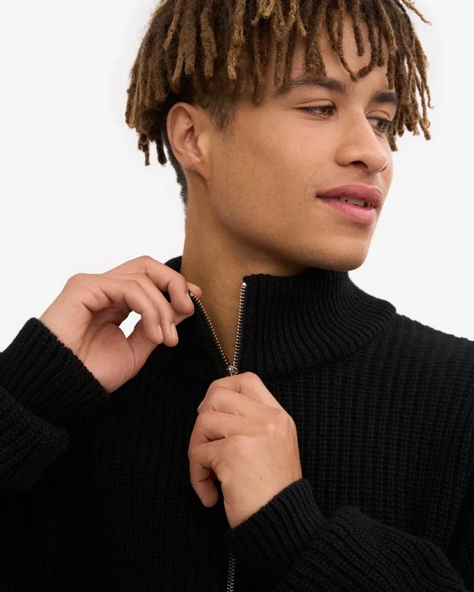 Pull col zippé en laine mérinos - Noir intense