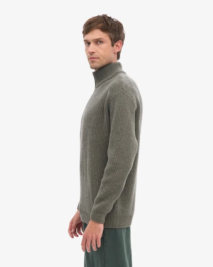 Pull col zippé en laine mérinos - Olive poussiéreux