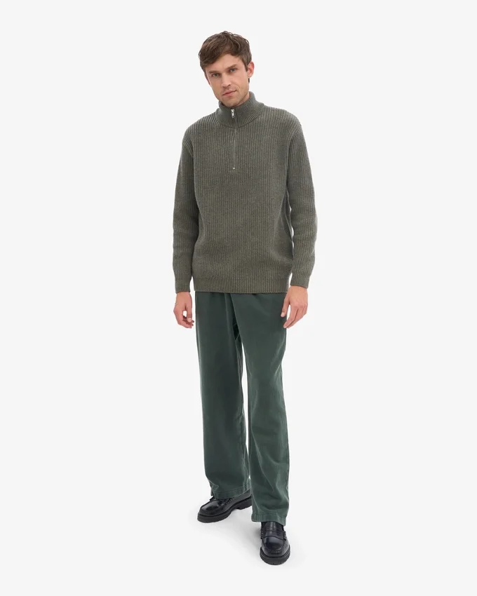Pull col zippé en laine mérinos - Olive poussiéreux
