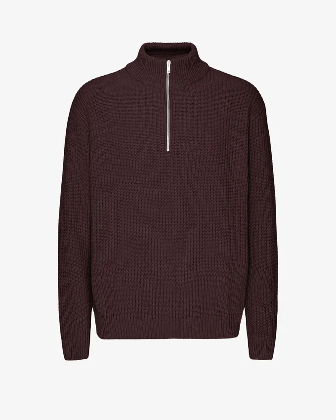 Pull col zippé en laine mérinos - Rouge sang de bœuf