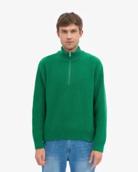 Pull col zippé en laine mérinos – Vert Kelly