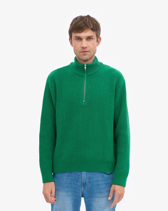 Pull col zippé en laine mérinos - Vert Kelly