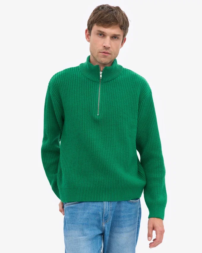 Pull col zippé en laine mérinos - Vert Kelly