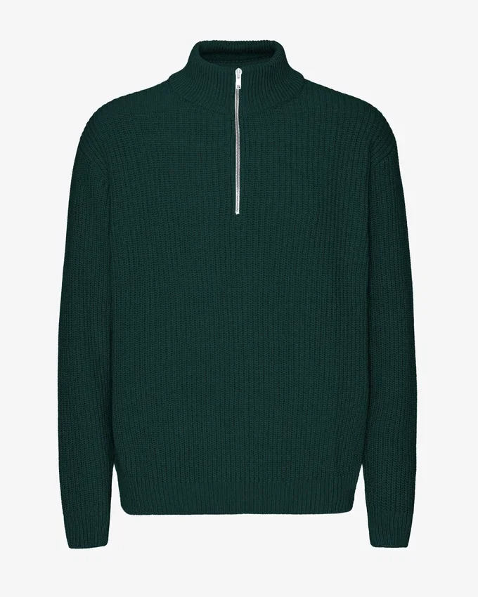 Pull col zippé en laine mérinos - Vert émeraude