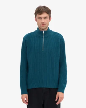 Pull col zippé en laine mérinos – Vert océan