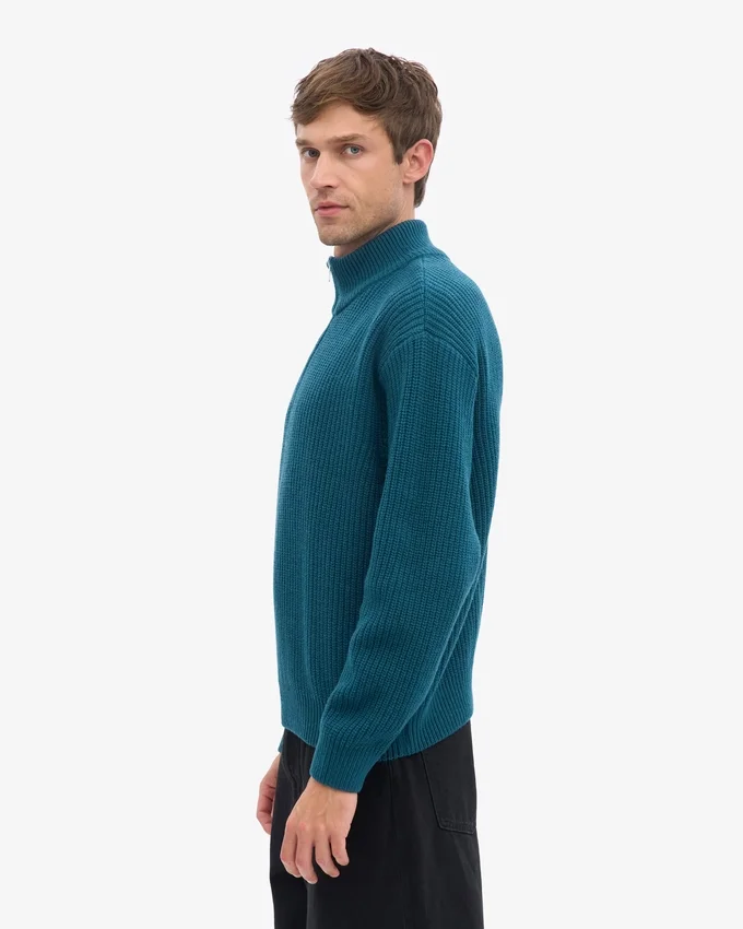 Pull col zippé en laine mérinos - Vert océan
