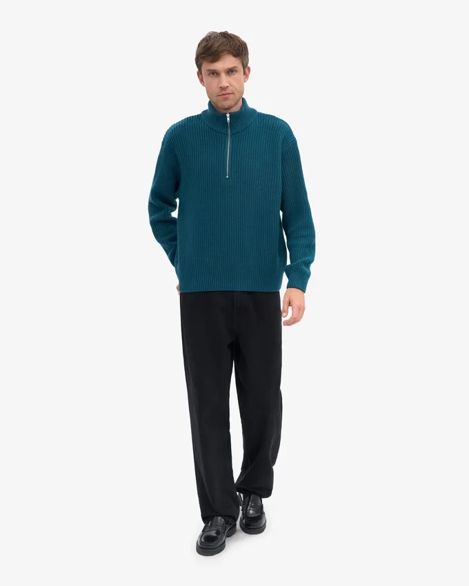 Pull col zippé en laine mérinos - Vert océan