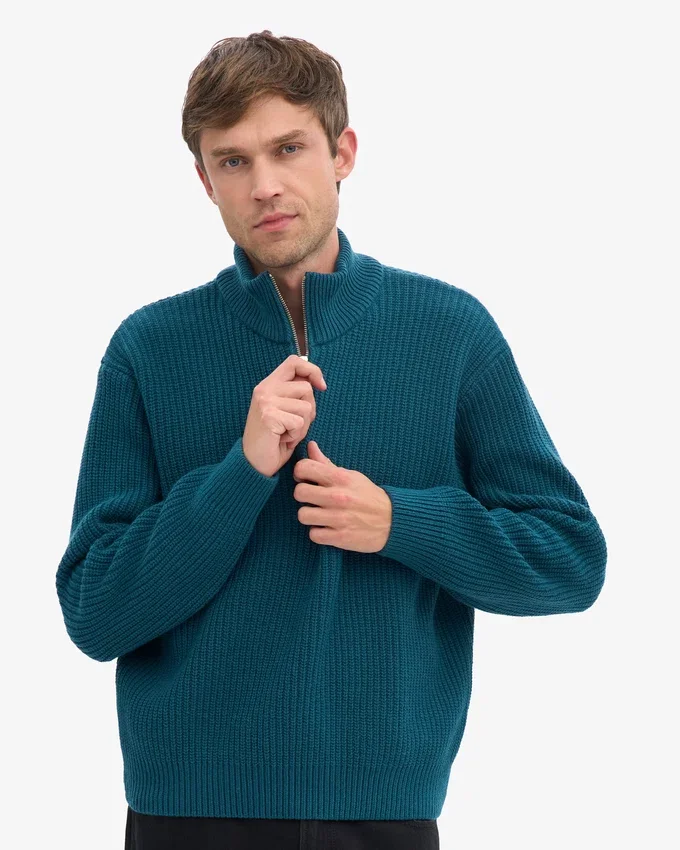 Pull col zippé en laine mérinos - Vert océan