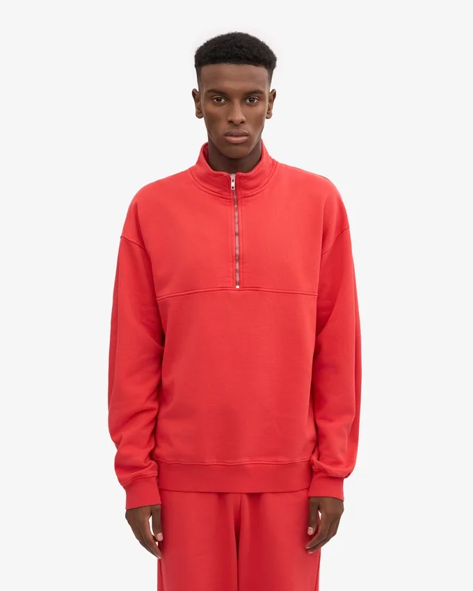 Pull col zippé quart de longueur bio - Rouge mandarine