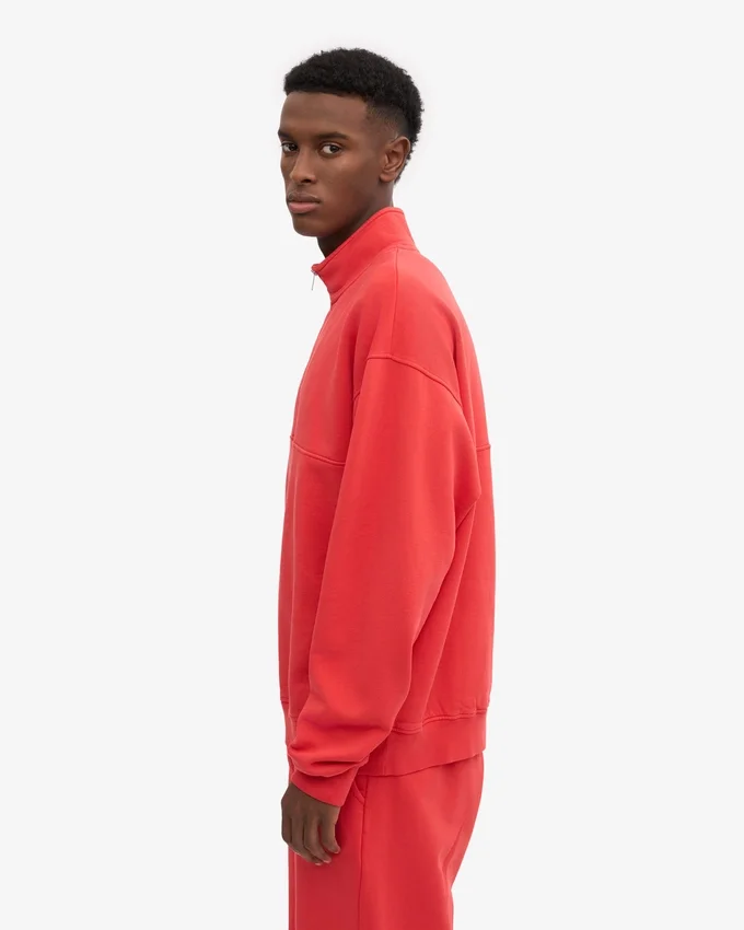 Pull col zippé quart de longueur bio - Rouge mandarine