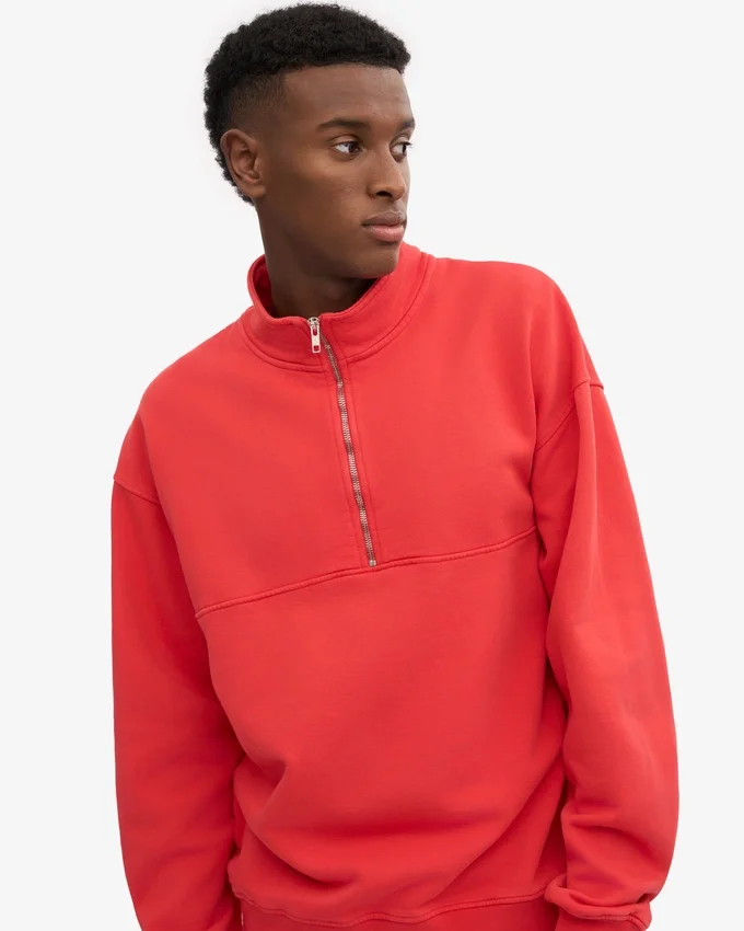 Pull col zippé quart de longueur bio - Rouge mandarine