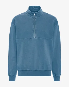 Pull col zippé quart de longueur en coton bio - Indigo délavé