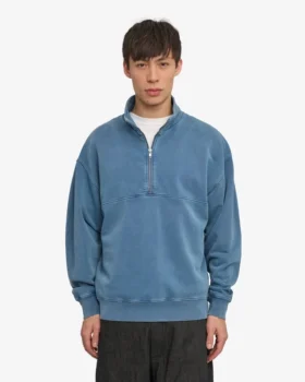 Pull col zippé quart de longueur en coton bio – Indigo délavé