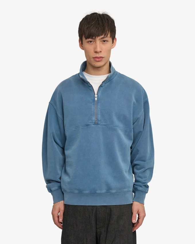 Pull col zippé quart de longueur en coton bio - Indigo délavé