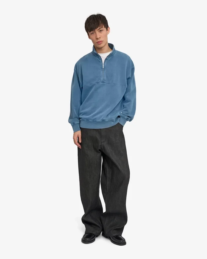 Pull col zippé quart de longueur en coton bio - Indigo délavé