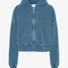 Sweat à capuche court zippé bio - Indigo délavé